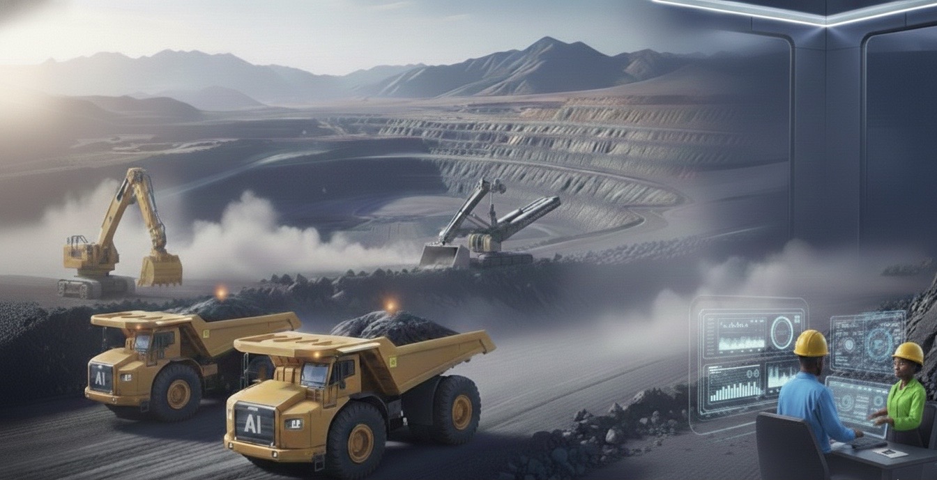 AI-enabled open-pit mining operation with haul trucks and workers